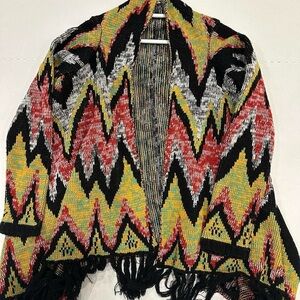 Boho Woven Heart Large Women’s Aztec Cardigan Open Front Fringe Sweater Navajo